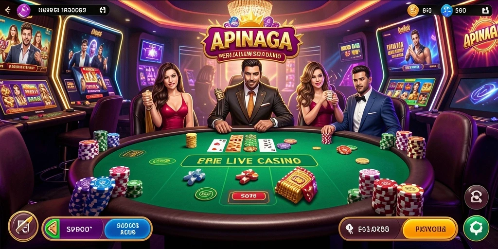 Screenshot utama APINAGA menunjukkan dealer Live Casino yang ramah dan suasana permainan yang mendebarkan.