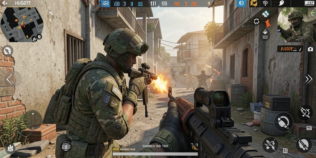 Gambaran gameplay HUGO77 menampilkan aksi FPS yang intens dan mendebarkan.