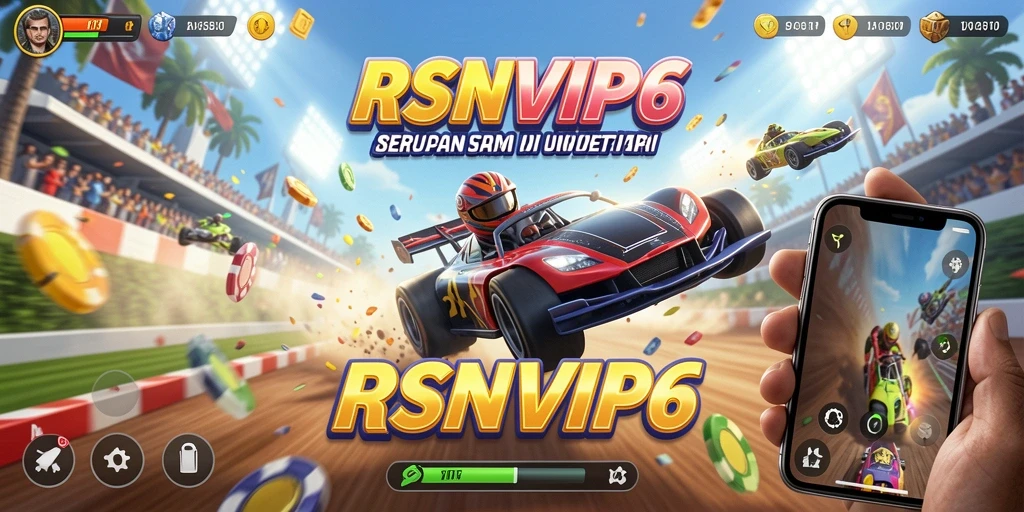 Screenshot gameplay RSNVIP6 menunjukkan balapan seru dengan mobil yang cepat.